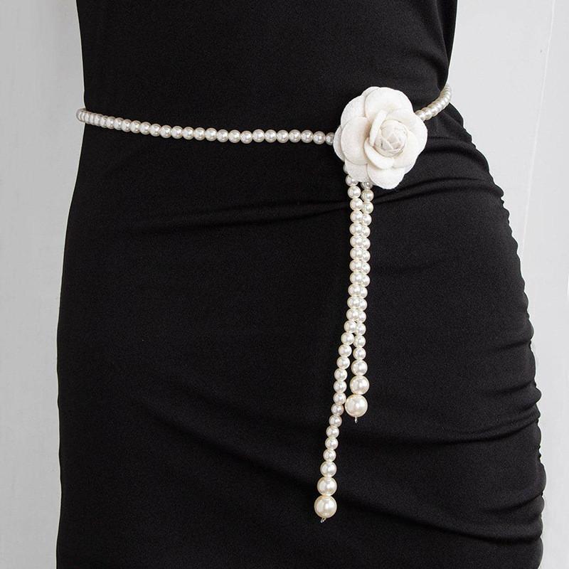 Waist Fashion Pearl Chain With Camellia Flower Decor Women Accessory Dress