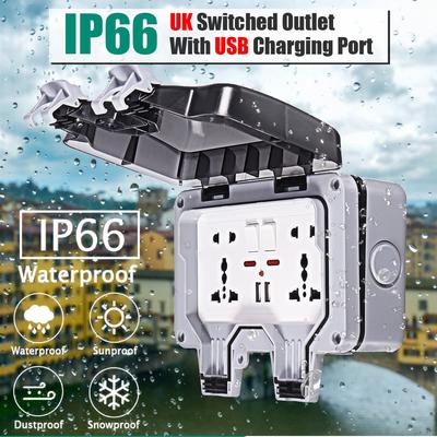 IP66 13A Weatherproof Outdoor BOX Wall Socket Double Universal / UK Switched Outlet With USB Charging Port 110-240V