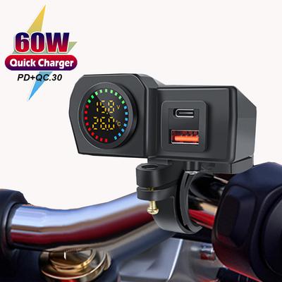 60W Motorcycle Handlebar PD QC3.0 Charger Socket USB Type-C Fast Charger Phone Power Adapter with Voltmeter Thermometer Display