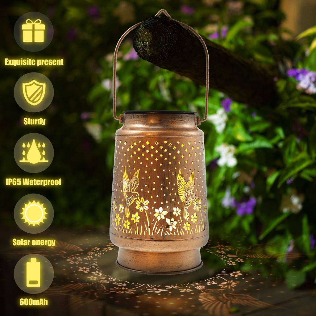 Outdoor Garden Solar Light Metal Hanging Hummingbird Hollow LED Landscape Lanterns Waterproof Lawn Lights for Yard Patio Decor