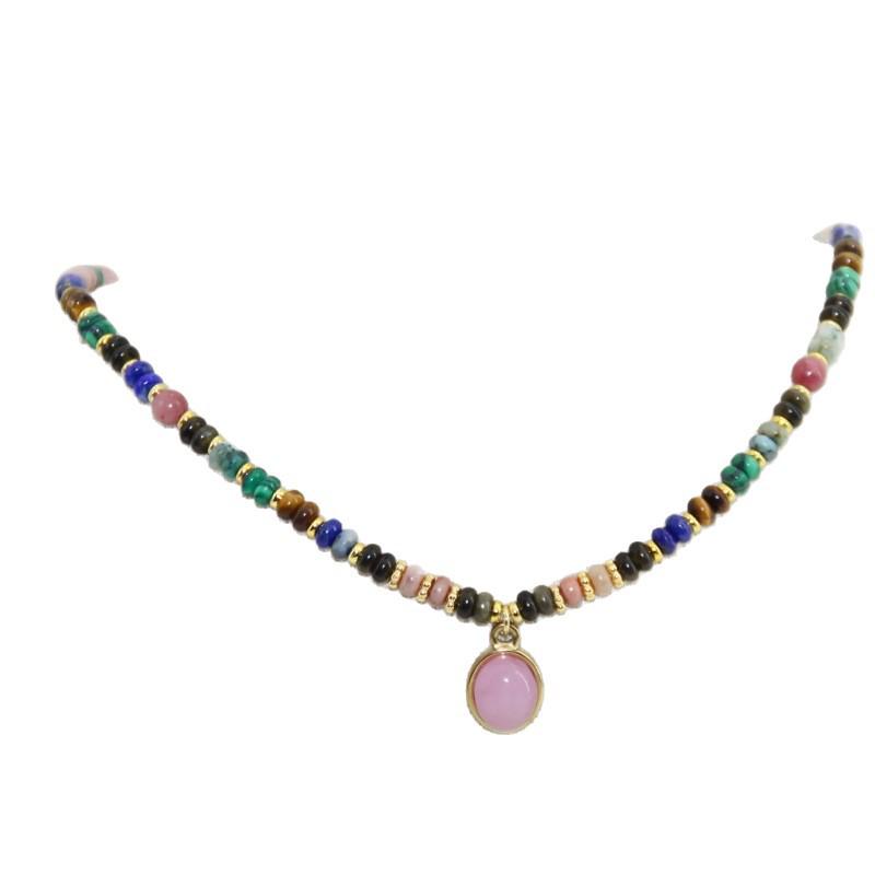 Modisches französisches Rhodonit-Kristall-Halsketten-Layering mit Titanstahlkette