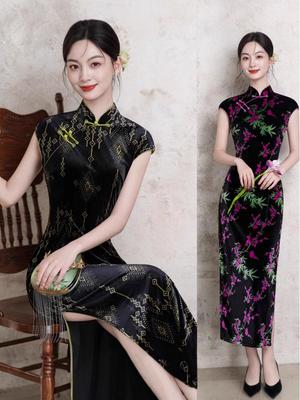 Qipao élégant en velours noir à manches courtes pour femmes - Style jeune automne 2025