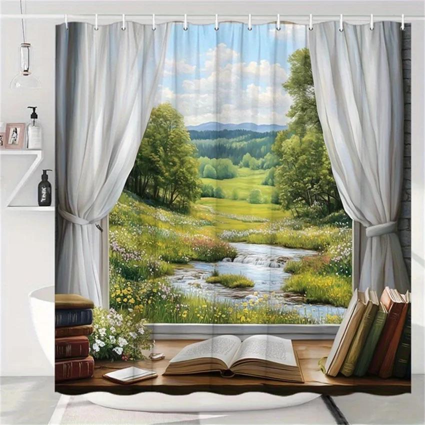 

Polyester Shower Curtain - Countryside Scene With Greenery & Stream, 70.8X70.8 , 12 Hooks, Washable & Durable W60H190(CM)-1 Pcs