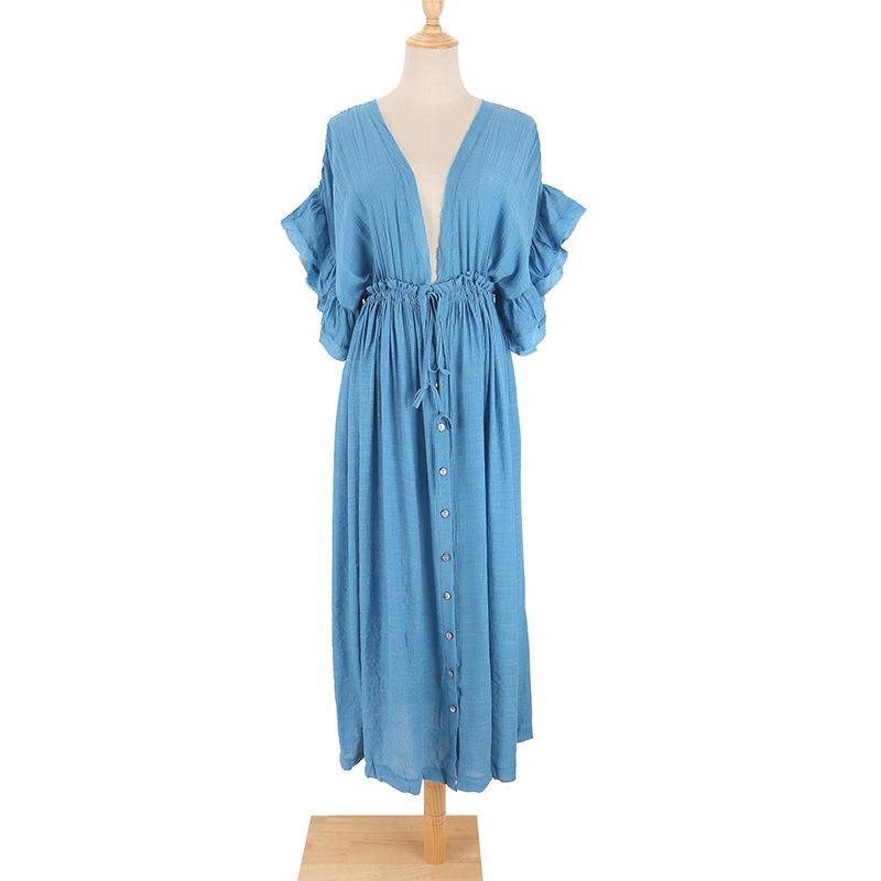 New Bamboo Cloth Button Waist Rope Long Skirt Cardigan Vacation Beach Jacket Sunscreen Clothes Long Skirt Bikini Blouse Women