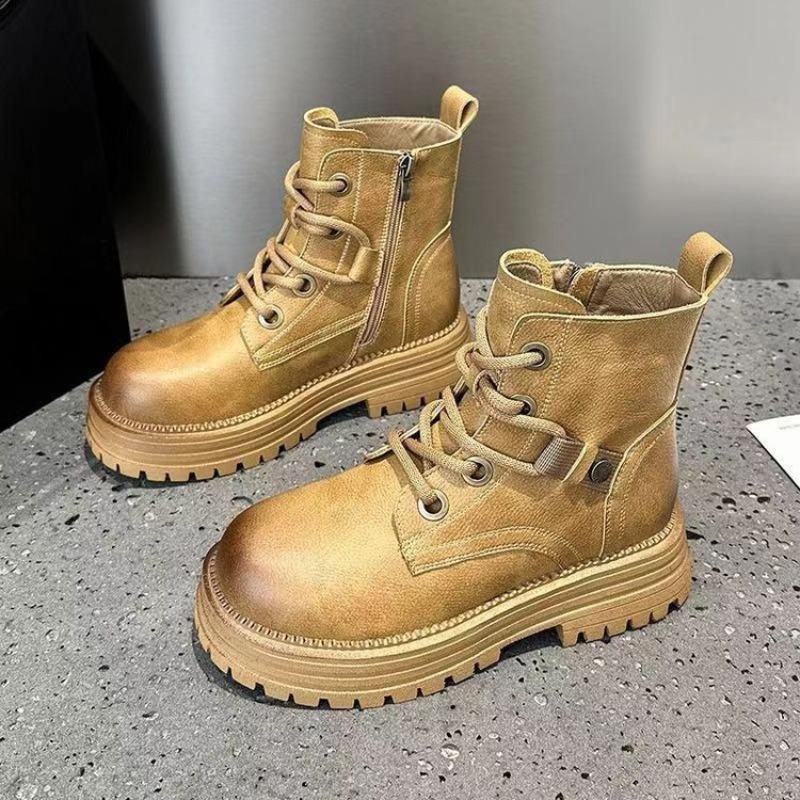 

New Style Shoes: Soft Leather Boots, Women s Single Boots, Retro Height-increasing Thick-soled Ankle Boots 35 жовтий