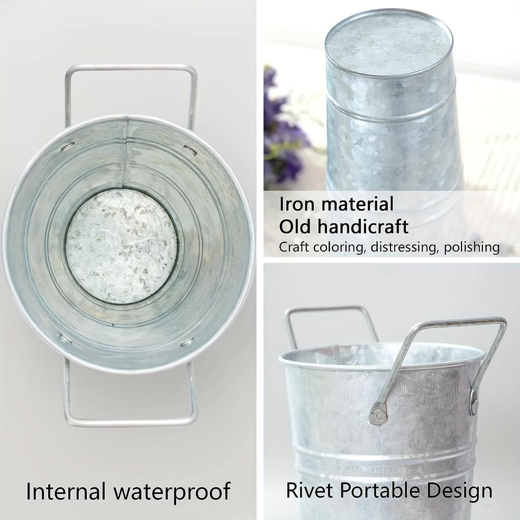 Four-piece Galvanized Metal Barrel Vase, 9inch Farmhouse French Flower Bucket Planter with Handle, Rustic Decor Metal Holder Family Marriage