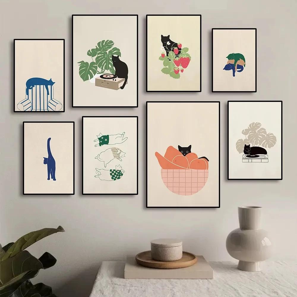 Abstrakte Süße Katze Tier Leinwanddrucke Elegantes Damenporträt Wandkunst Illustration Poster für Wohnzimmer Schlafzimmer & Heimdekoration