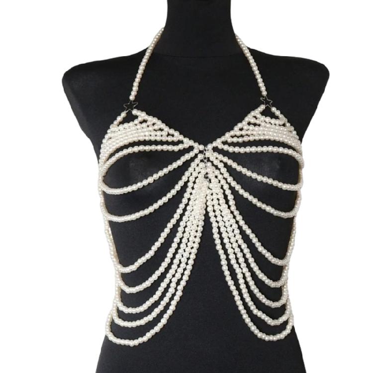 Open Back Layered Pearls Body Chest Chain Handmade Halter Neck Beaded Body Jewelry Tanks Top Vest For Women Beachwear 1