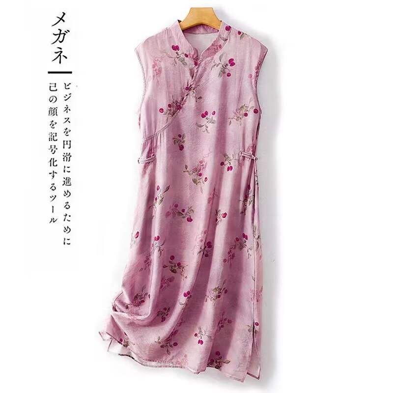 

Ретро новый китайский полуприлегающий ципао с принтом женское летнее новое темпераментное платье с дисковыми пуговицами и разрезом без рукавов длинная юбка 2XL