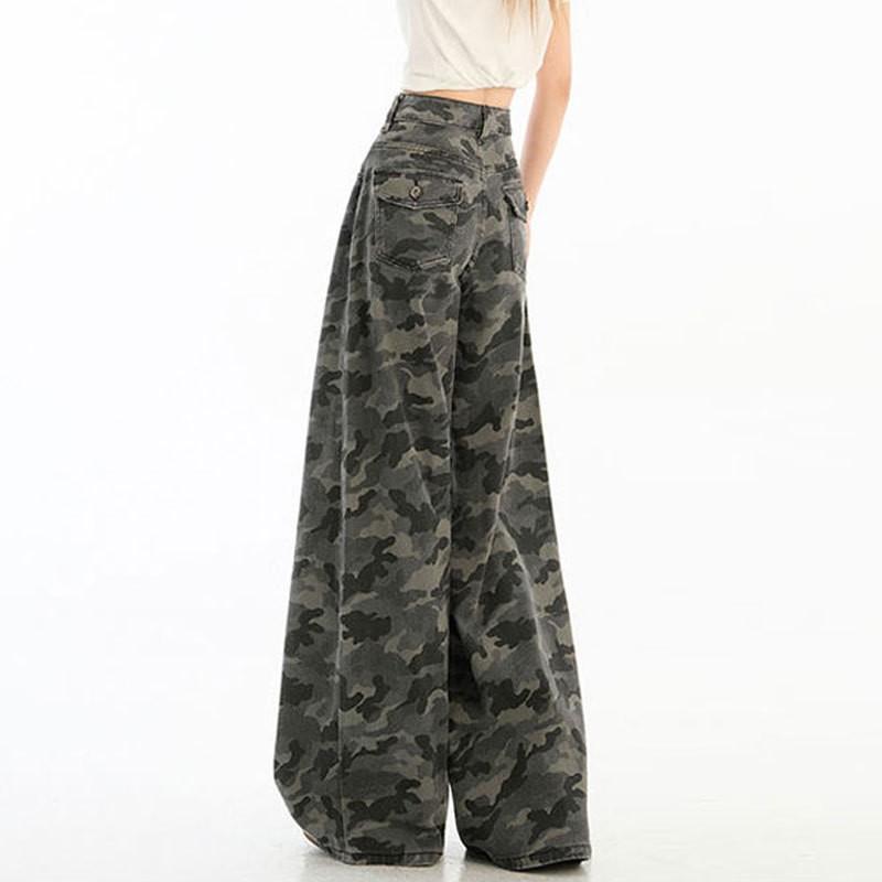 High-Waisted Wide Leg Camo Denim Pants Women Oversized Straight Fit Loose Trousers 2025