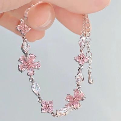 Elegant Pink Crystal Bowknot Adjustable Bracelet for Woman Silver Moon Chain Accessories Jewelry