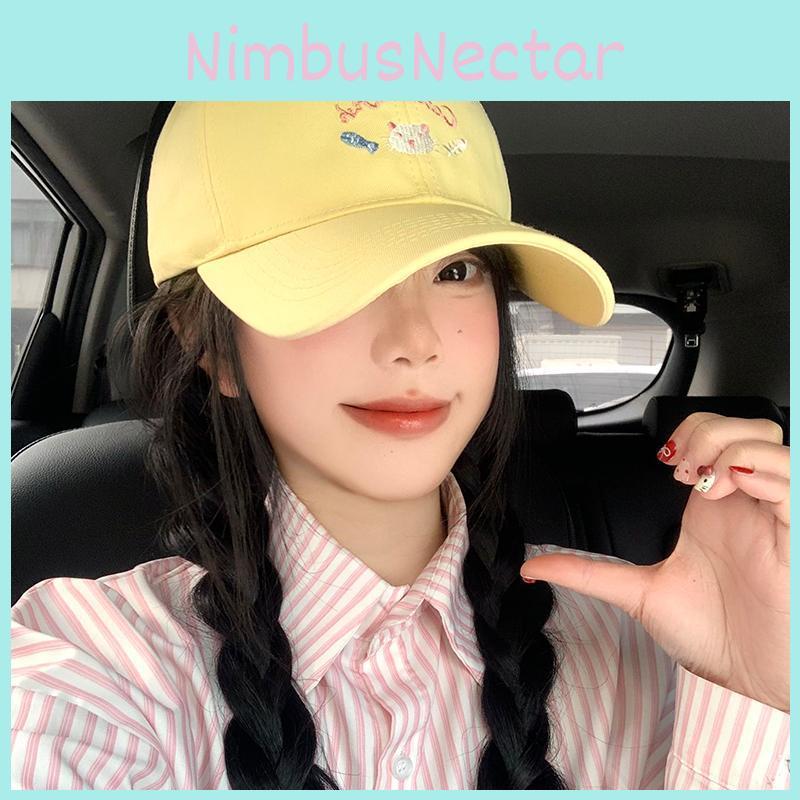Fashion Cute Cat Embroidery Baseball Cap Women In Soft Yellow Size Adjustable