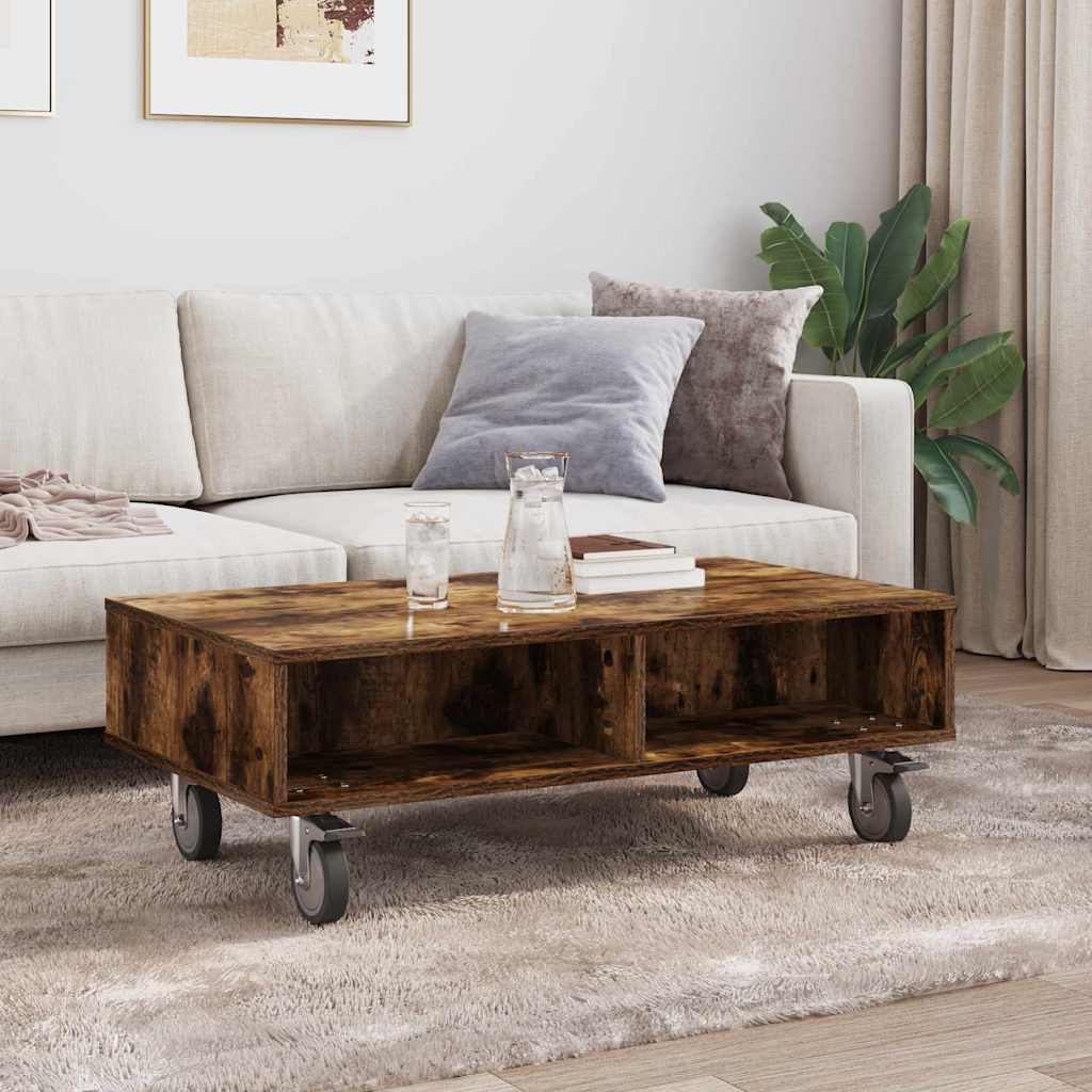 Side Table with Wheels Smoked Oak 90 x 50 x 30 cm