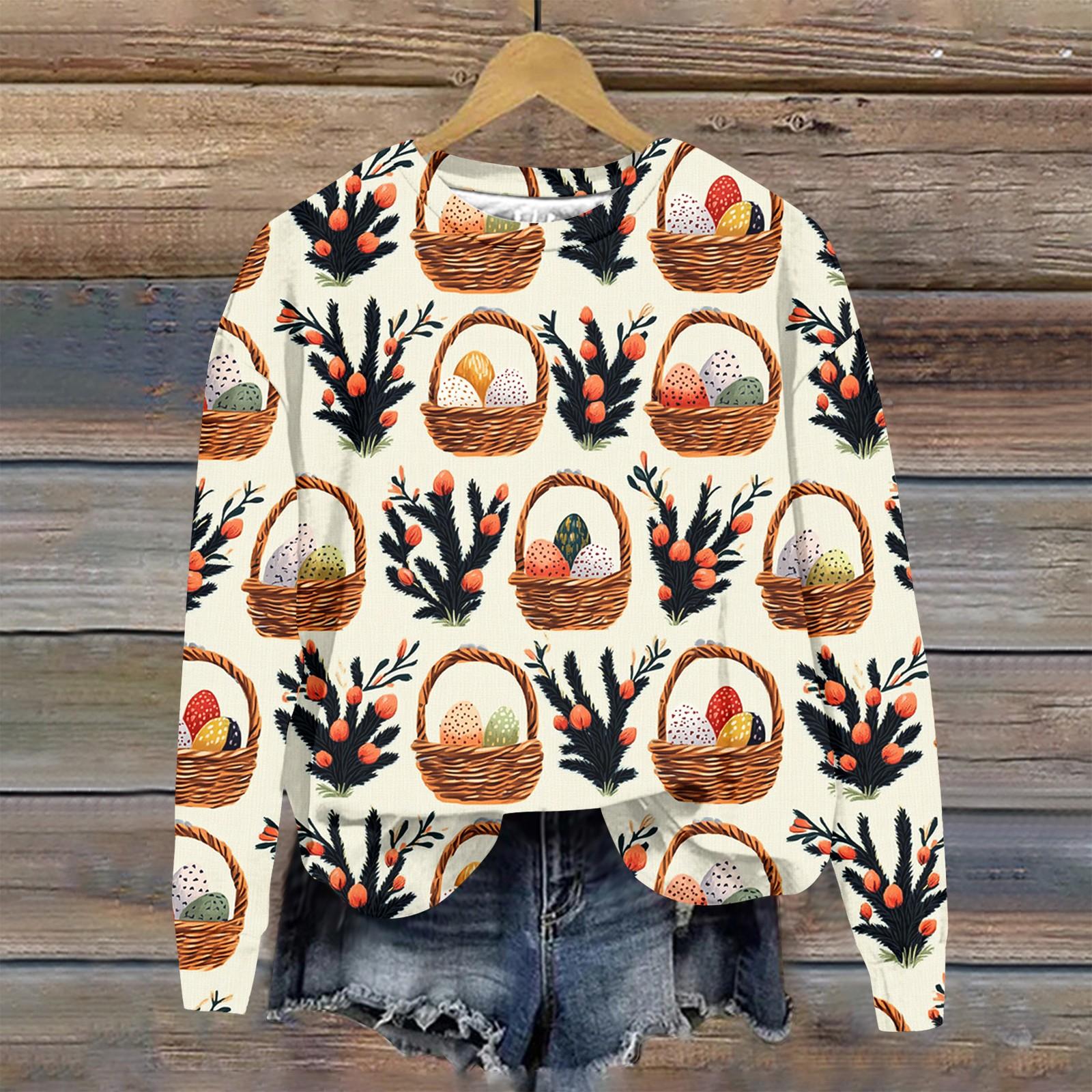 

Жіночий модний світшот з довгим рукавом вільного крою з круглим вирізом та великоднім принтом L хакі