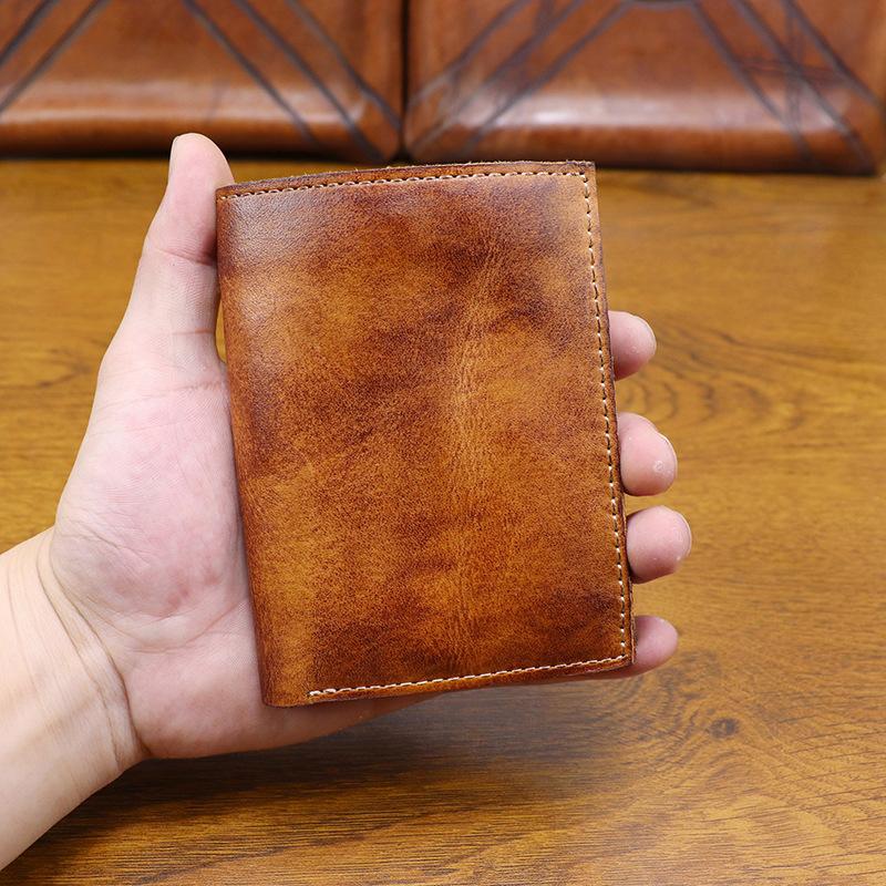 Handmade Distressed Genuine Leather Men's Wallet with Multiple Card Slots, Short Style, Top Layer Cowhide, Vintage Large Banknote Wallet