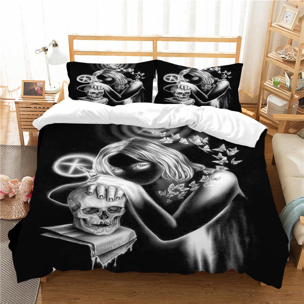 Totenkopf-Bettwäsche, Mikrofaserstoff, schwarzer Totenkopf-Druck, Bettbezug und Kissenbezug, 2 oder 3 Einzelbetten, Doppelbett, volle Größe, Heimdekoration