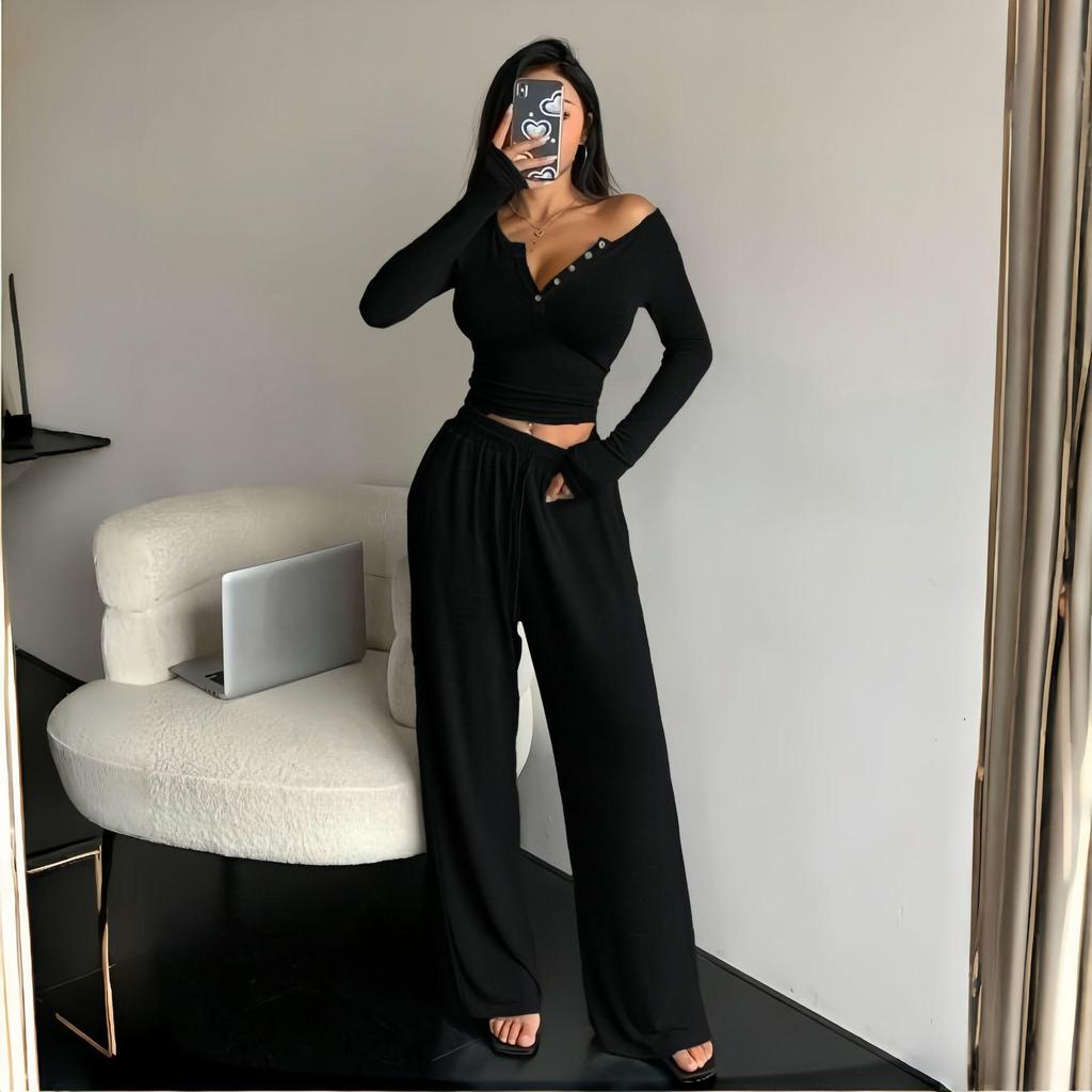 Autumn/Winter Slimming V-neck Wide Leg Long Sleeve Women's Jumpsuit Set