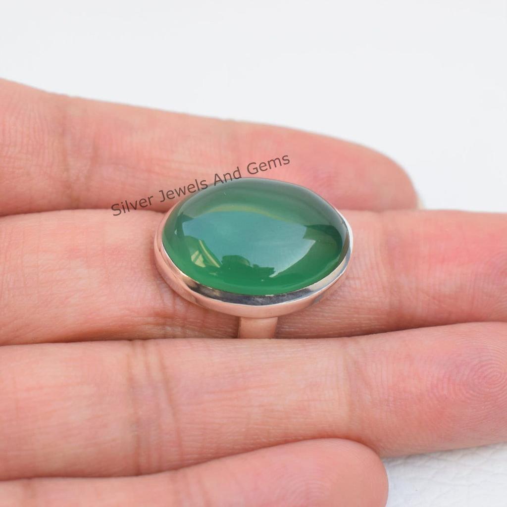 Handmade Oval Green Onyx Ring, 925 Sterling Silver, December Birthstone