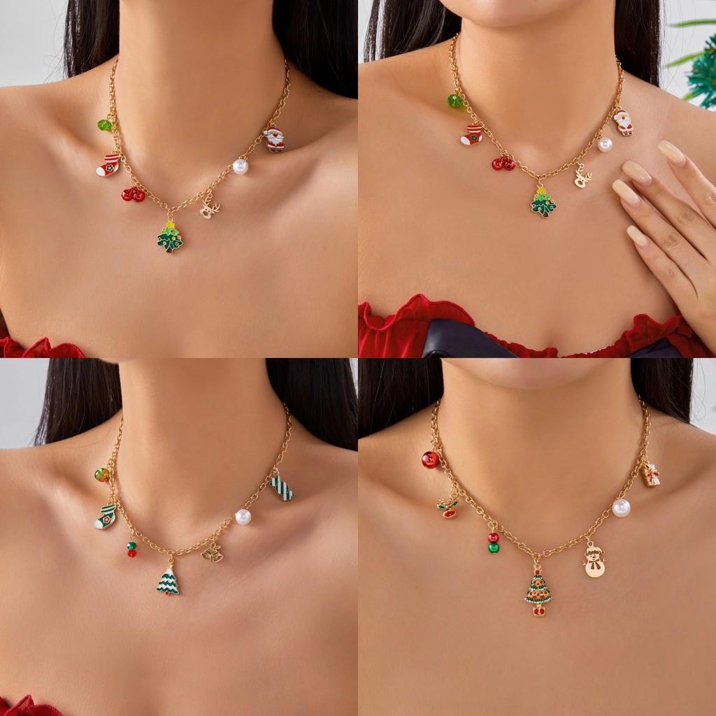 Santa Claus Charm Necklace With Pearl Chain And Festive Elements For Seasonal Gift
