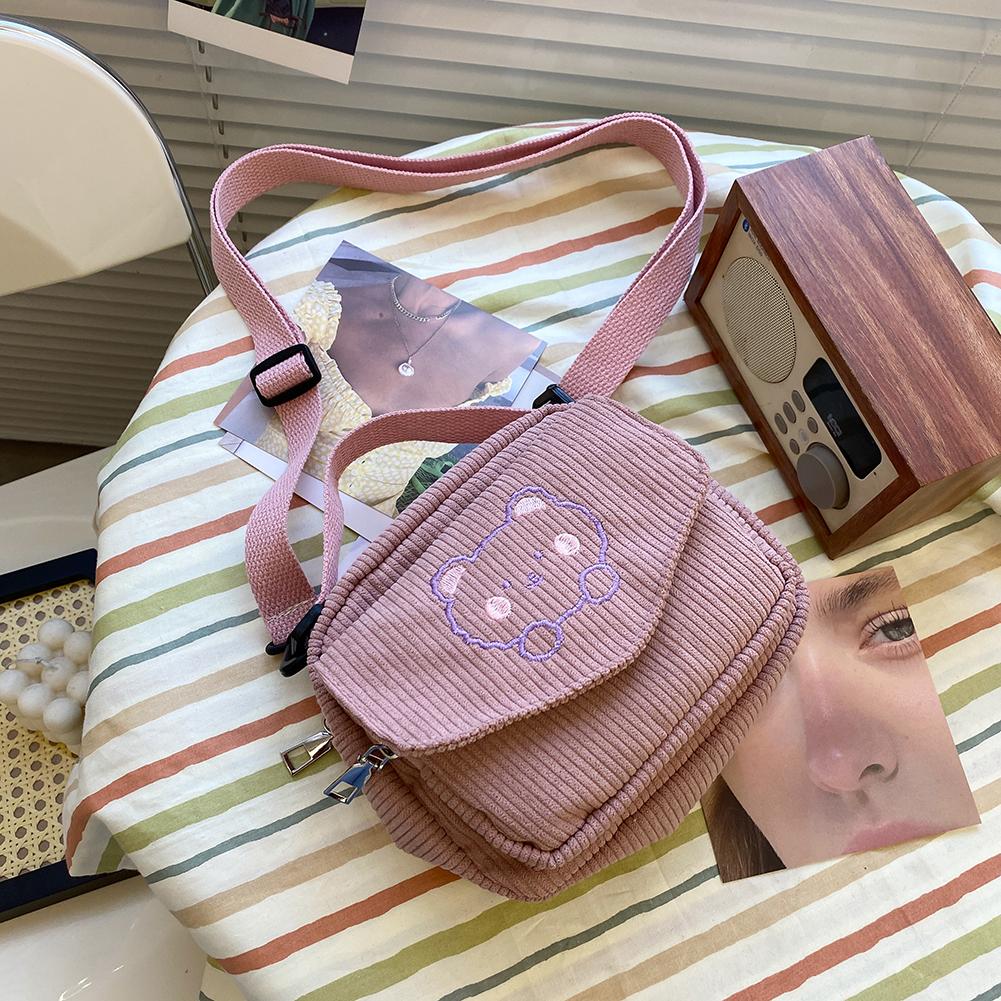 Cord-Umhängetasche, Vintage, süße Schulterhandtasche, Stickerei, Bär, japanische Klappentasche, Herbst-Winter-Geldbörse für Studentinnen