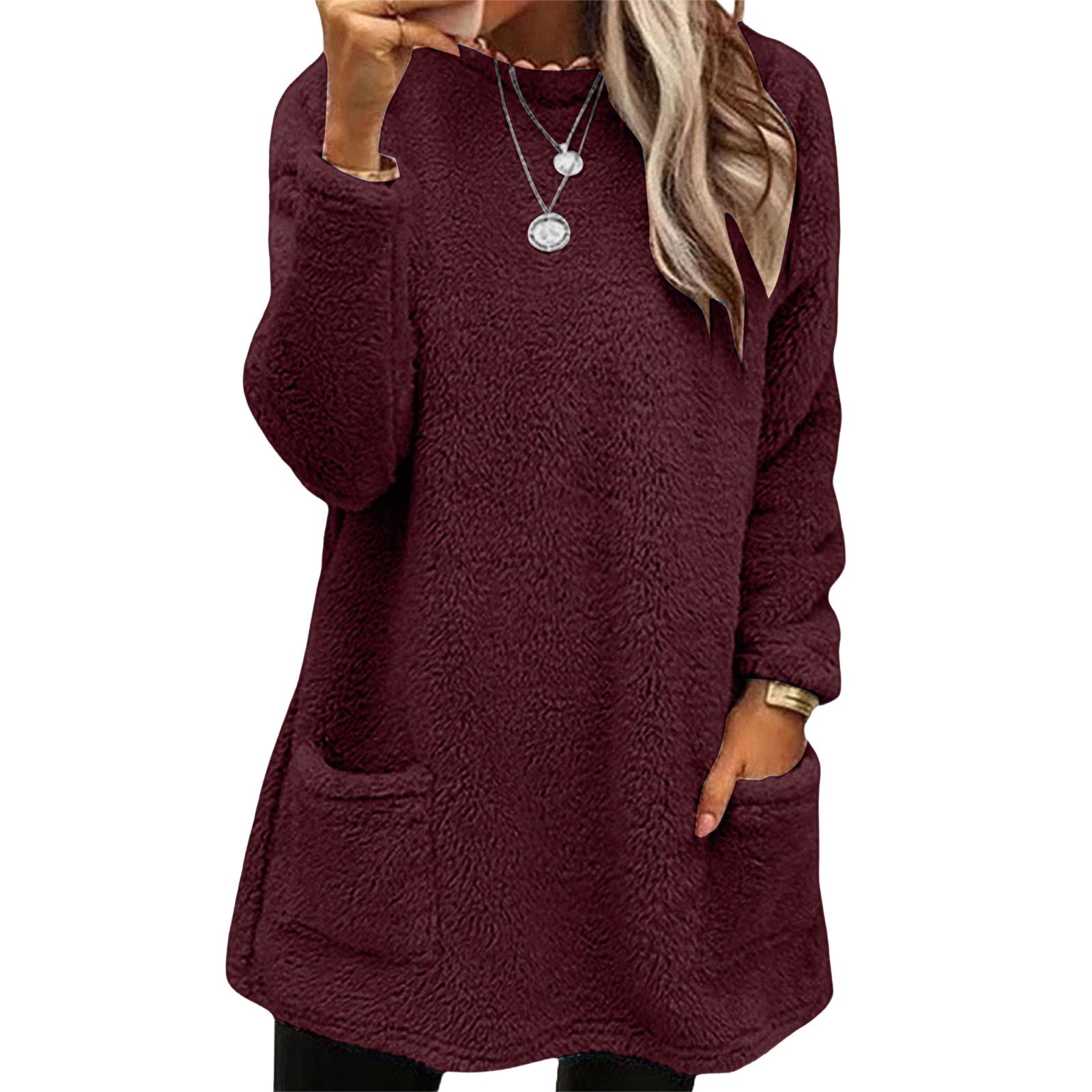 

Women s Fashion Casual Long Sleeve Pocketed Round Neck Casual Warm Long Sleeve T-Shirt XL винный
