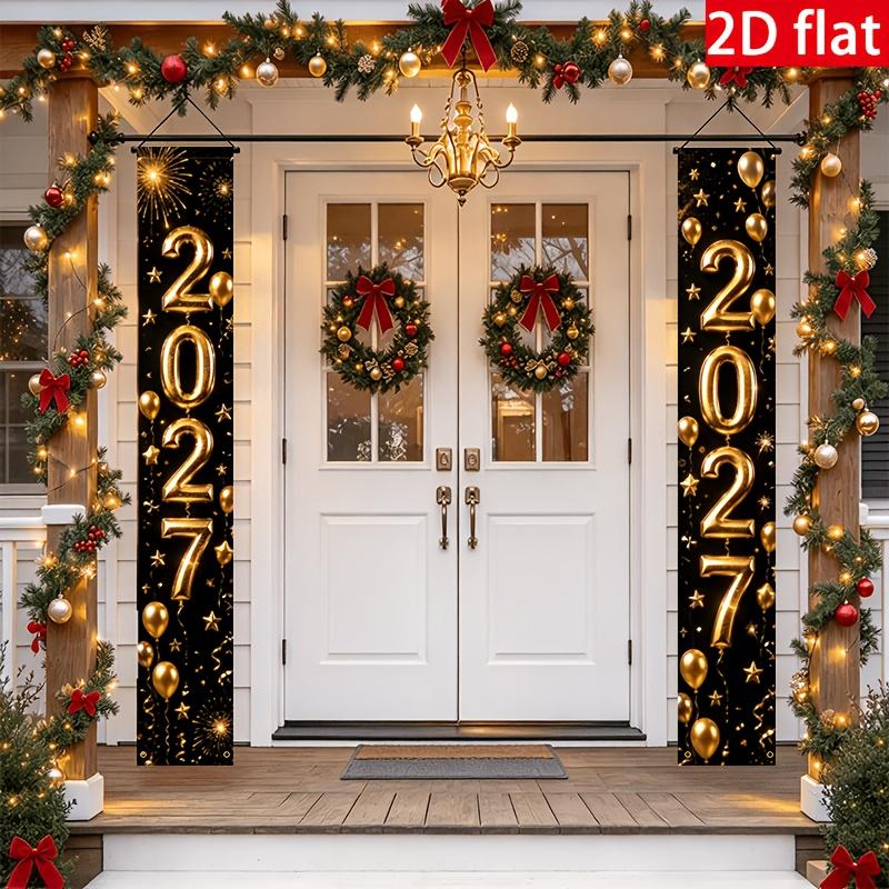 2027 Black Golden Metallic 2027 Digital New Year Door Couplets Hanging Cloth Golden Air Balloon Starry Fireworks Elements Fabric Door Curtain Indoor/O