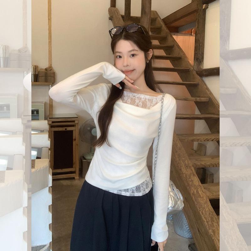 White Swing Collar Lace Long Sleeve T-shirt Women's Early Autumn Wear with Bottoming Shirt Slim Waist Top