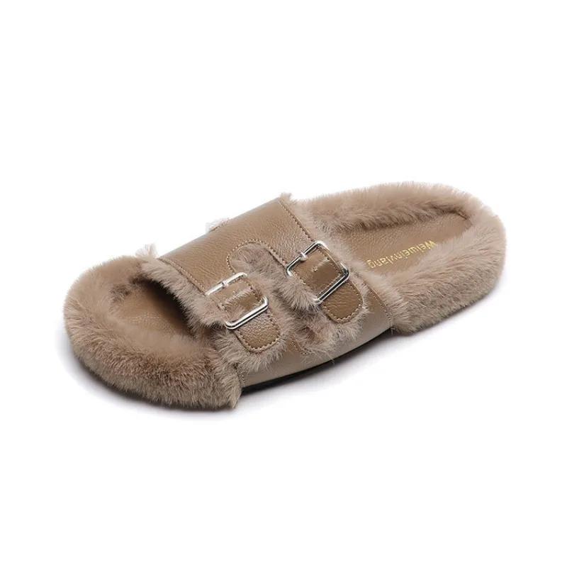 Fashion Autumn Winter Fashionable Thick Bottom Plush Warm Slippers Beige Khaki Fashionable Buckle Home or Outdoor Women's Slippers 35-43