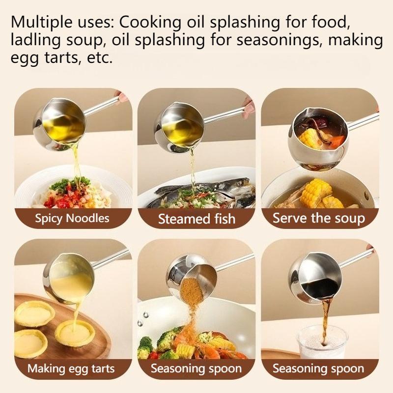 SUS304 Pouring Oil Spoon Long Handle Burning Oil Pot Kitchen Small Soup Pot Special Spoon for Oil Pouring Baking Coffee Tools