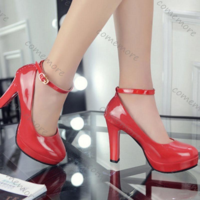Fashion Comemore Woman Thick Platform Women Party Heeled Shoes Buckle Shallow Shoe Ankle Strap High Heel Patent Leather Women's Pumps