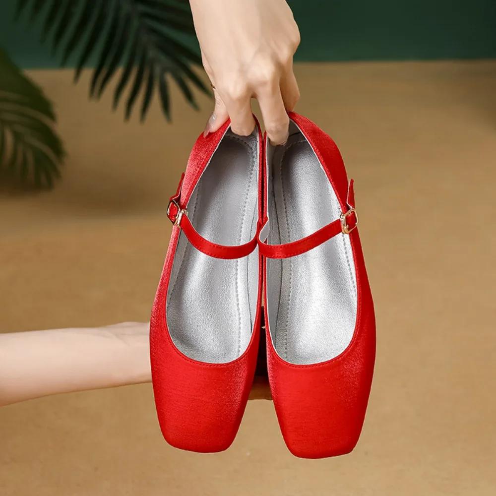 Flats Shoes Women Square Headed Flat Bottomed Mary Jane Shoes 2025 New French Retro Silk Single Shoes for Women Zapatos Mujer