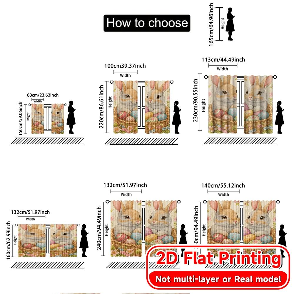 Set Of 2 Minimalist Flat Printing Easter Basket Bunnies Chic Curtains Fabric Outdoor Decorations Living Room Curtain Polyester Ideal For Sitting