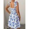 Small Sweet Fashion Floral Print off-Neck Open Back Elastic Waistband Lace-up Sleeveless A- line Sling Dress Skirt
