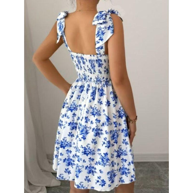 Small Sweet Fashion Floral Print off-Neck Open Back Elastic Waistband Lace-up Sleeveless A- line Sling Dress Skirt