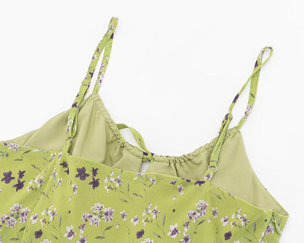 French Retro Green Floral V-Neck Cinched Waist Maxi Dress