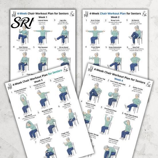 Senior Fitness Chair Exercises 4Pcs 4-Week Exercise Chart for Seniors Full Body Seated Stretching No Equipment Workout & Strength Poster Low-Impact