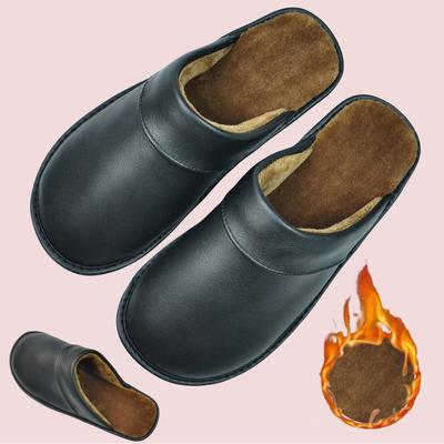 Winter Warm Luxury Cow Split Leather Handmade Men Home Slippers Slip On Soft Comfortable Bedroom Indoor Flat Men Women Padded Warm Slippers Shoes