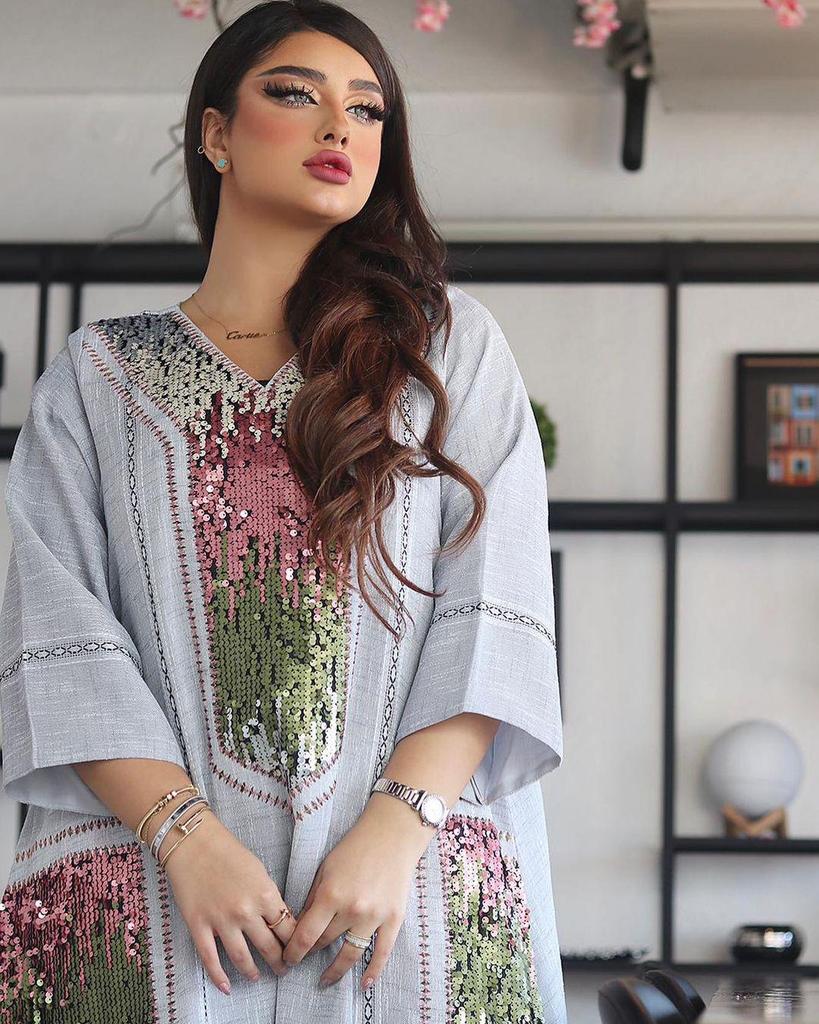 Dubai Sequin Embellished Jalabiya - Eid Muslim Women's Long Robe