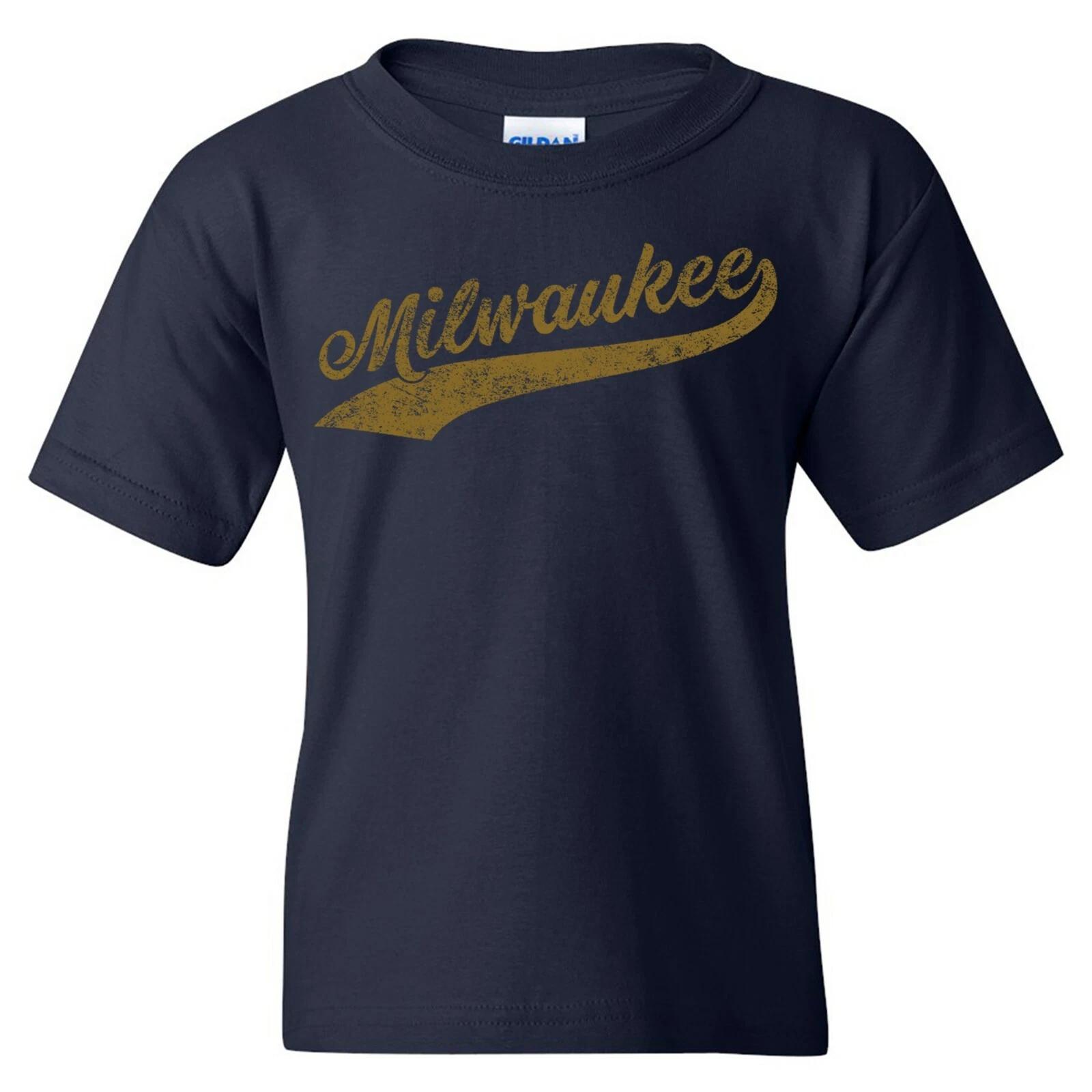 Milwaukee Baseball Script Youth T-Shirt - Navy S