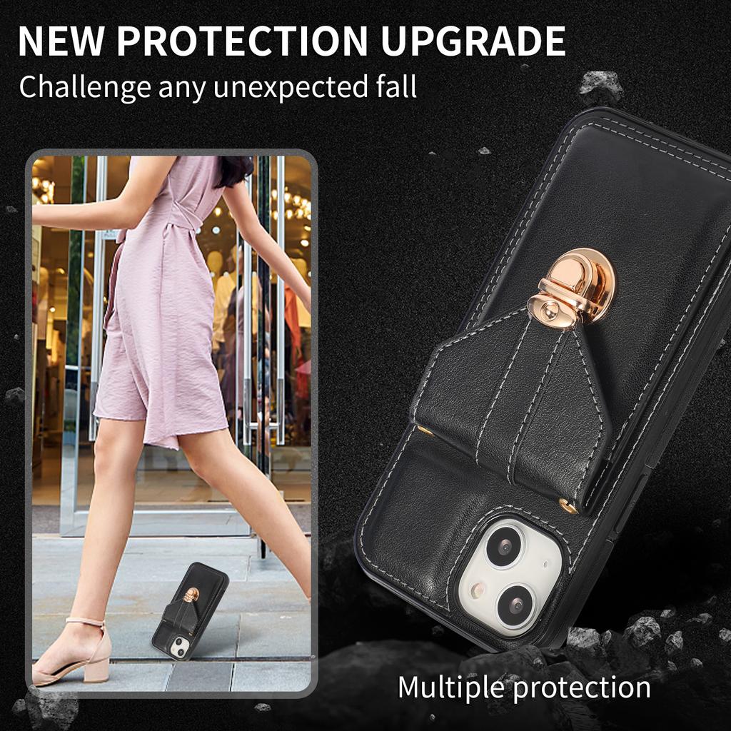 For iPhone 15 Anti-Scratch PU Leather+TPU Phone Cover Case Card Holder Kickstand Phone Shell