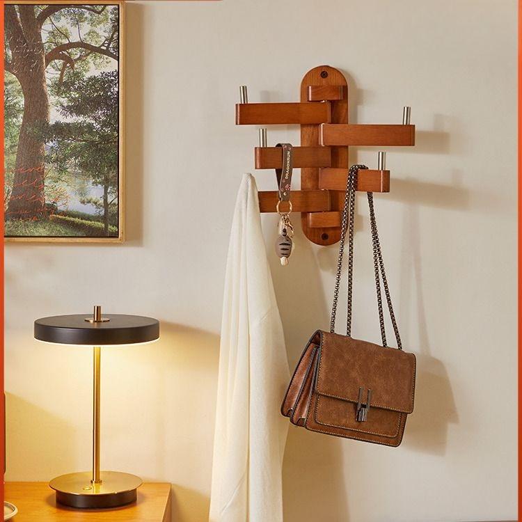 Wall mounted coat and hat rack, solid wood storage rack, bedroom rotating vertical hanging bag rack