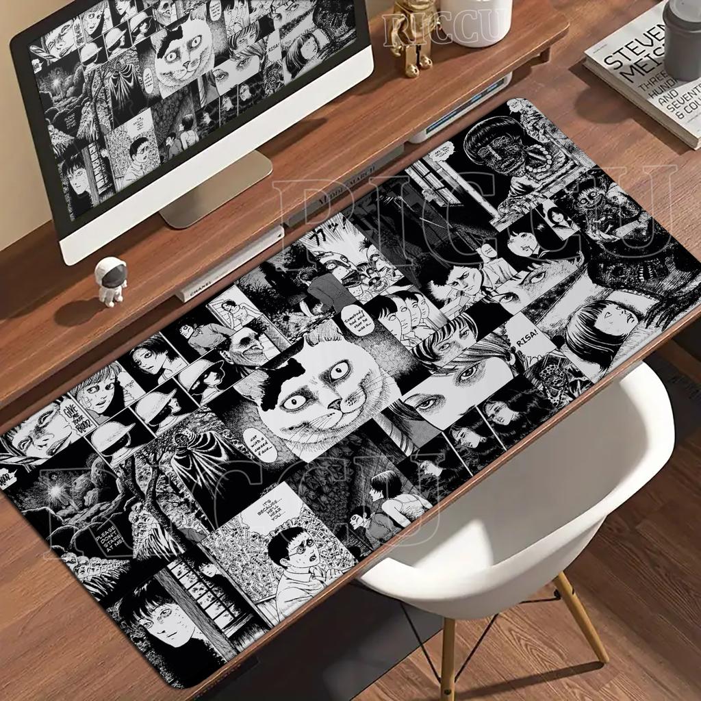 Schwarz-Weiß-Mauspad XXL HD Anime-Mädchen Schreibtischunterlage Erweiterte Gaming-PC-Tastaturmatten Große Gamer-Collage Horror-Anime-Mauspad