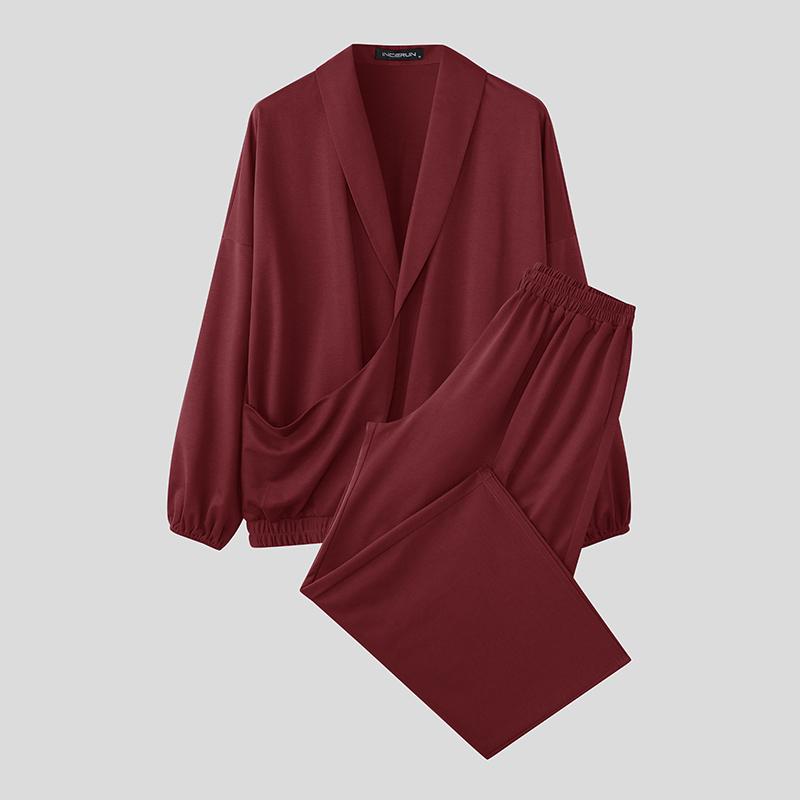 

INCERUN Two Pieces Outfits Oversized Men Long Sleeve V Neck Shirts and Long Loose Pants Sets 4XL червоний