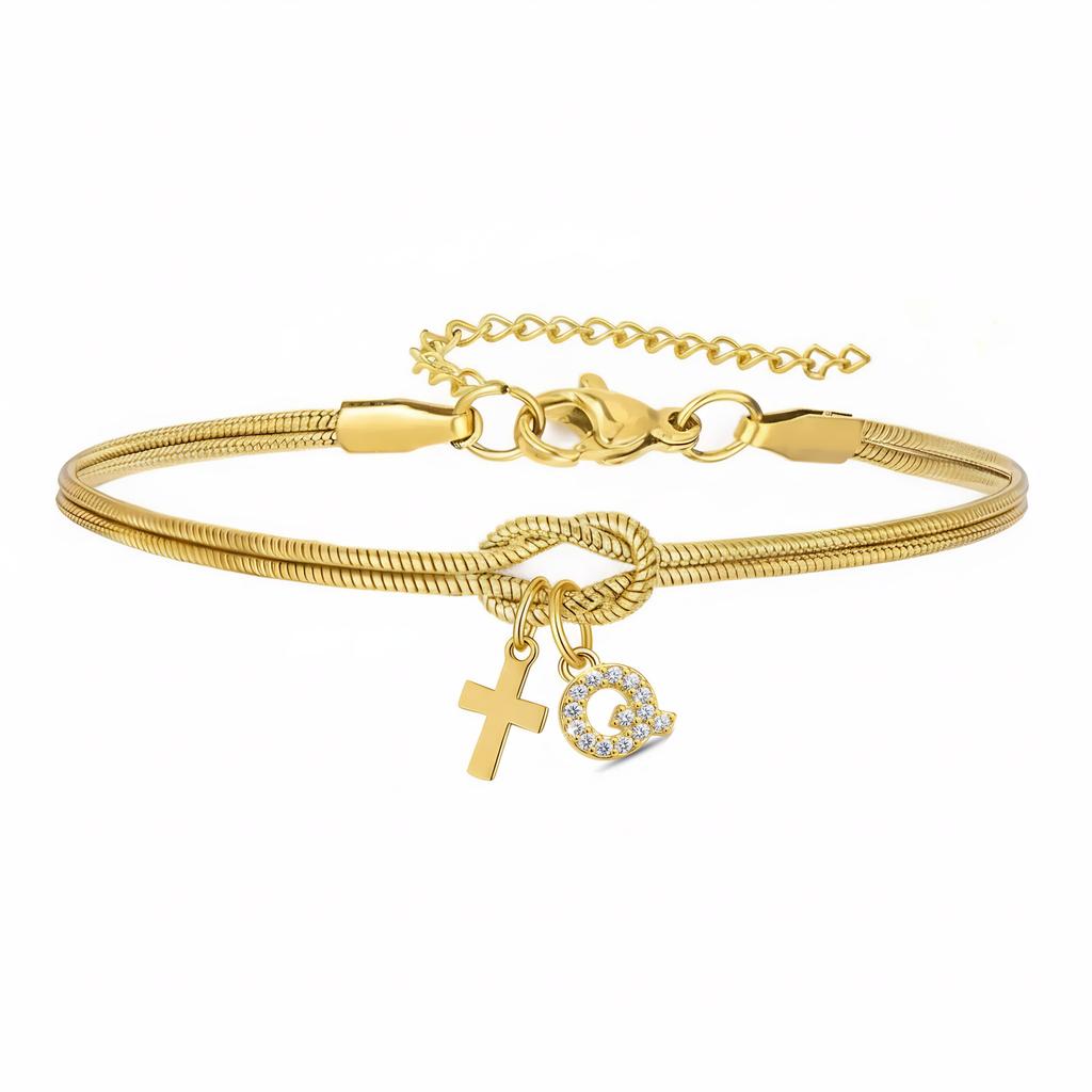 Double Knot Round Snake Bone Bracelet with Diamond 26 Letters Cross Pendant Charm Jewelry