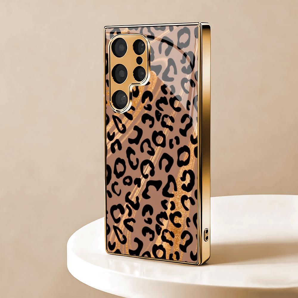 Golden Leopard Print Electroplated Glass Phone Case Suitable for Samsung Galaxy S26 S25 S24 S22 S21 S20 FE/Ultra/Plus5Ganti Drop