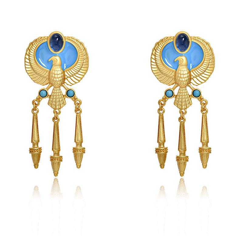 Alloy Egyptian Eagle Dripping Oil Exaggerated Earrings European and American Palace Merry Su Premium Light Luxury Earrings синий