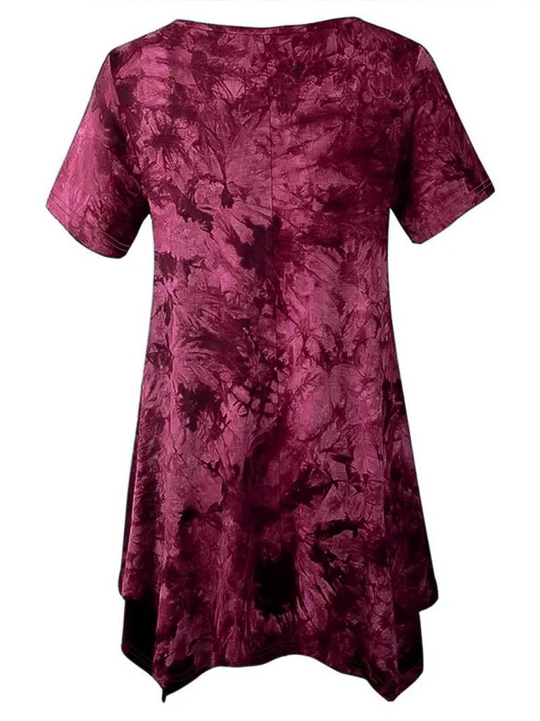 Women's Plus Size Tie-dye V-neck Irregular Hem Short Sleeve Loose Top