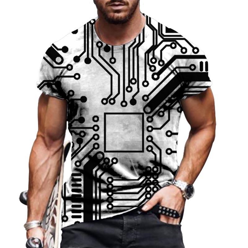 Summer Round Neck 3D Circuit Board Print T-shirts Fashionable Casual Short Sleeved Men's T-shirts
