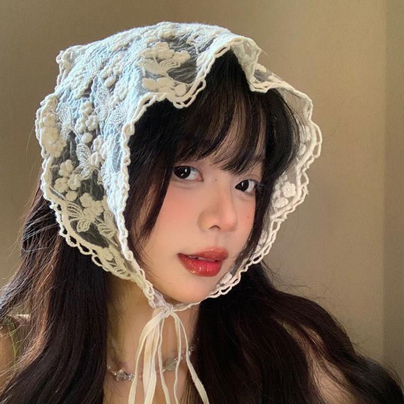 Cute Sweet Retro Lace Floral Head Scarf Trend Elegant Headwear For Women Girl Triangular Scarf Headband To Tie Hair