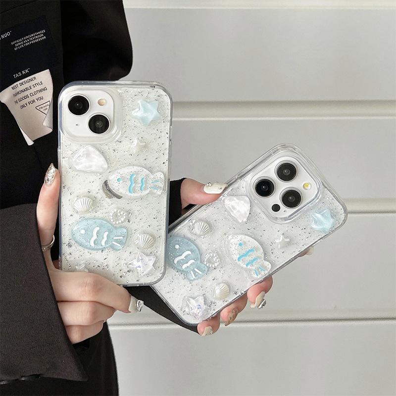 Ocean Fresh Ins Style Mobile Phone Case for IPhone17 Shell Silver Foil Glitter for Apple15Promax Fish